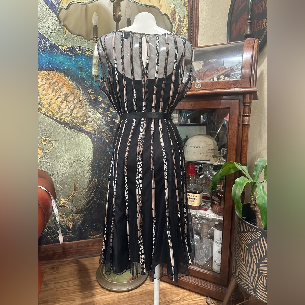 Dressbarn Collection Fit & Flare Midi Black Tan Mesh Overlay Ribbon Tie Waist - Picture 6 of 10